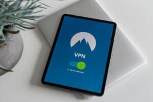 Modern tablet displaying a connected VPN app screen, symbolizing cybersecurity.