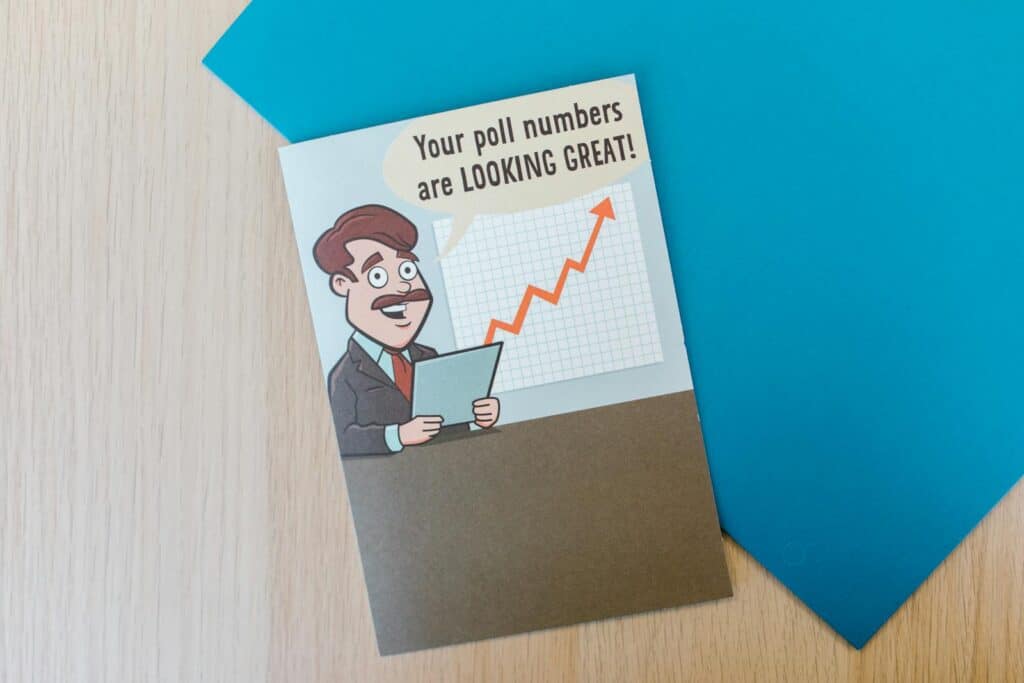marketing, poll, A humorous business cartoon flyer on a wooden desk with a blue backdrop.