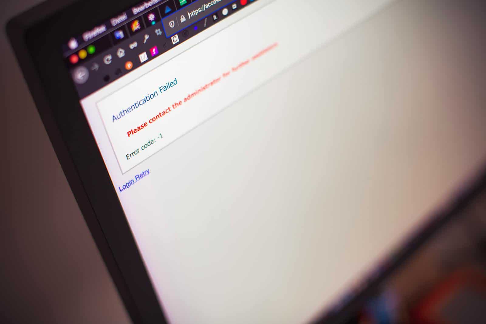 Patchstack, Website, Security, Close-up of a computer screen displaying an authentication failed message.