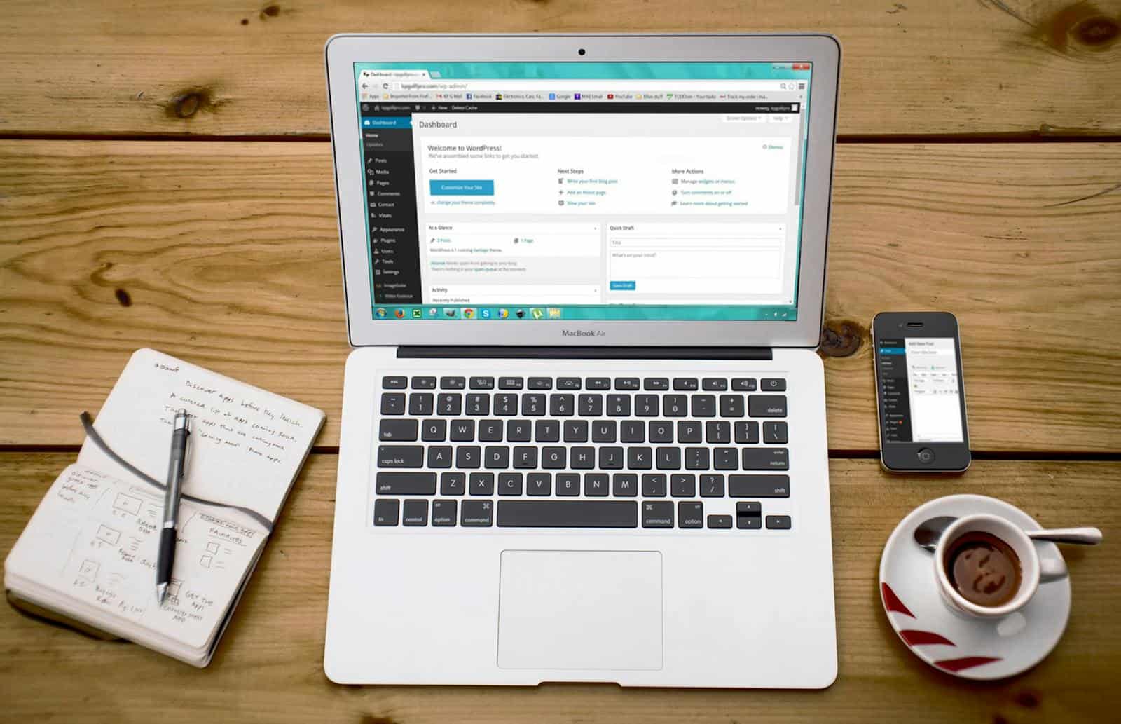 Jet Engine, CrocoBlocks, Plugin, Website, Development, Custom Post Type, Dynamic Content, Ecommerce Website, Blog, Development, Listing, Custom Post Type, Taxonomies, Dynamic, Hosting, A cozy home office scene with a laptop, notebook, smartphone, and coffee, perfect for productivity.