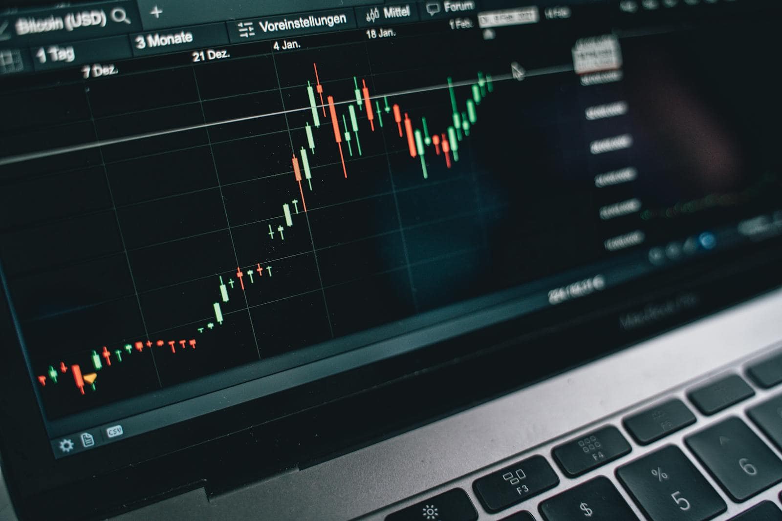 Close-up of a computer screen displaying cryptocurrency market trends and data. Bitcoin, BTC, Beginner's Guide, Blockchain, Cryptocurrency, Financial Freedom