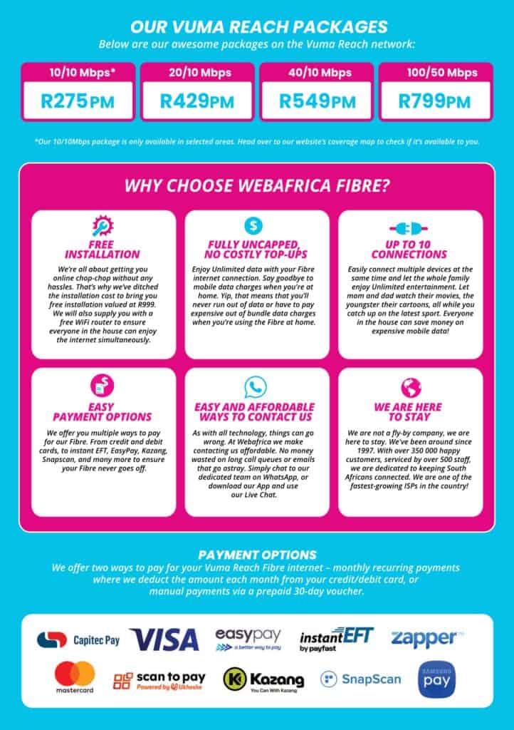 uncapped fibre South Africa, cheap fibre Johannesburg, fibre internet unlimited data Cape Town, Vuma, internet, webafrica