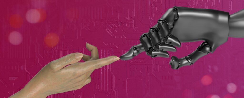 two hands touching each other in front of a pink background