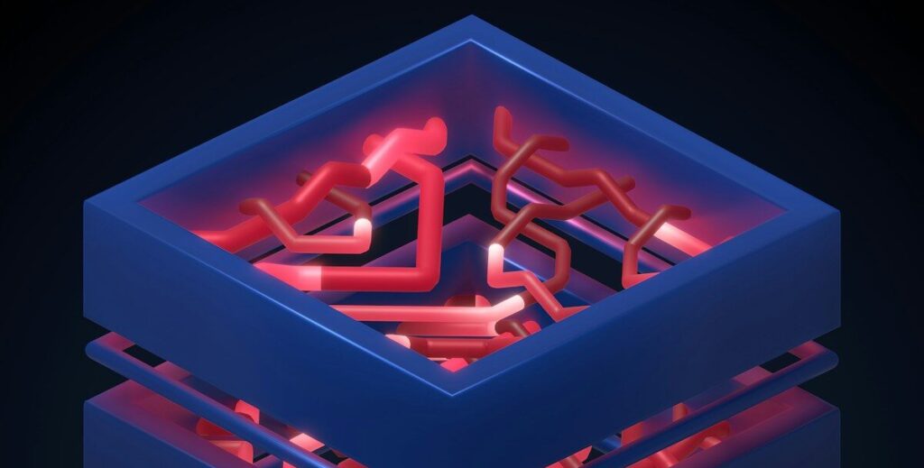 a stack of blue boxes with red lights in them